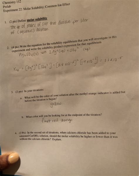 Solved Chemistry 112 Prelab Experiment 22 Molar Solubility