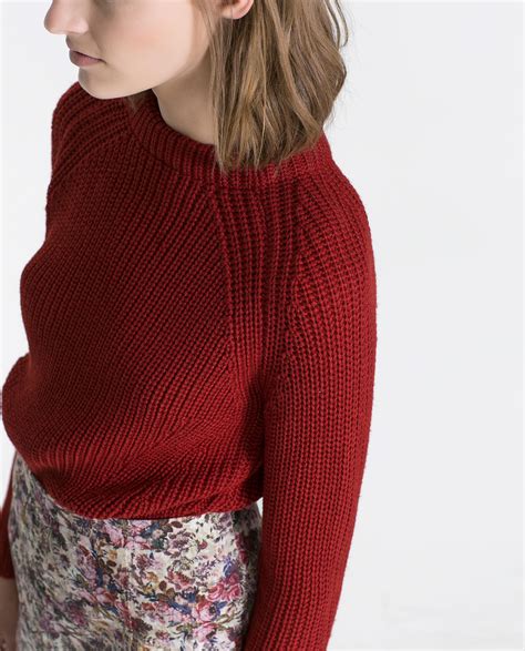 Zara Cropped Knitted Sweater In Red Lyst