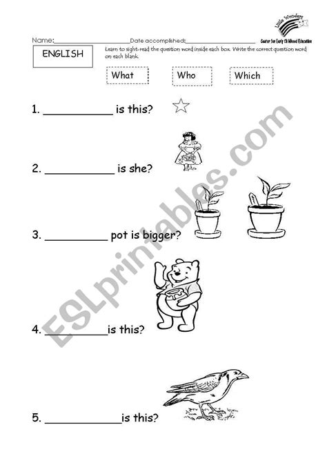 English Worksheets Basic Question Words