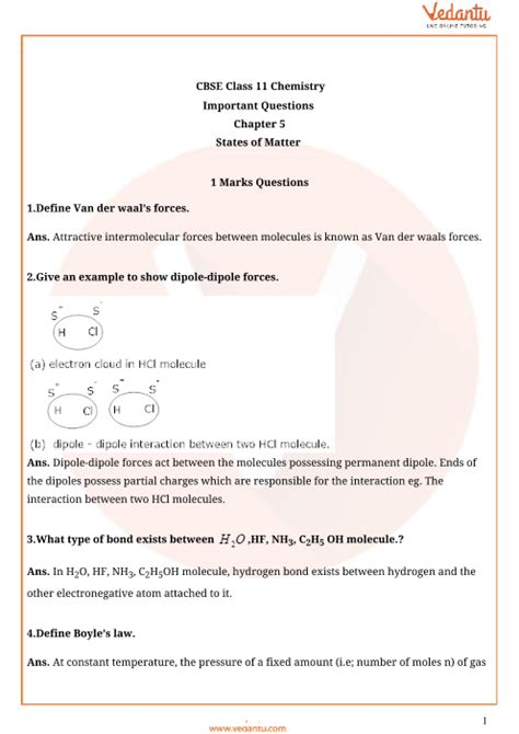 Important Questions For Cbse Class Chemistry Chapter States Of