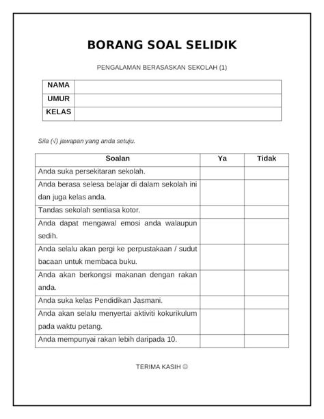 Docx Borang Soal Selidik Pengalaman Berasaskan Sekolah Dokumen Tips