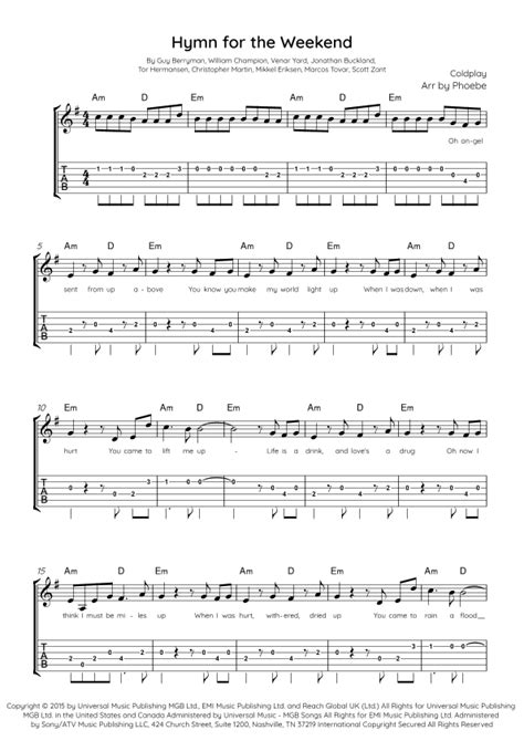 Hymn For The Weekend Arr Arr Phoebe By Coldplay Sheet Music For Ukulele At Sheet Music Direct