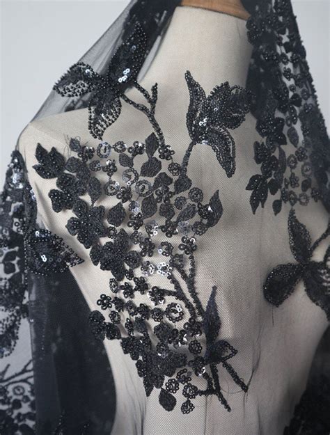 Black Beaded Lace Fabric By The Yard Embroidered Bridal Floral Motif