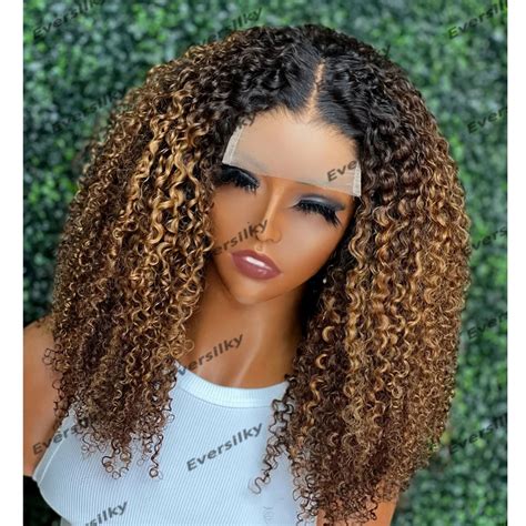 Peruano Densidade Kinky Curly Ombre Ouro Brown Remy Perucas Do