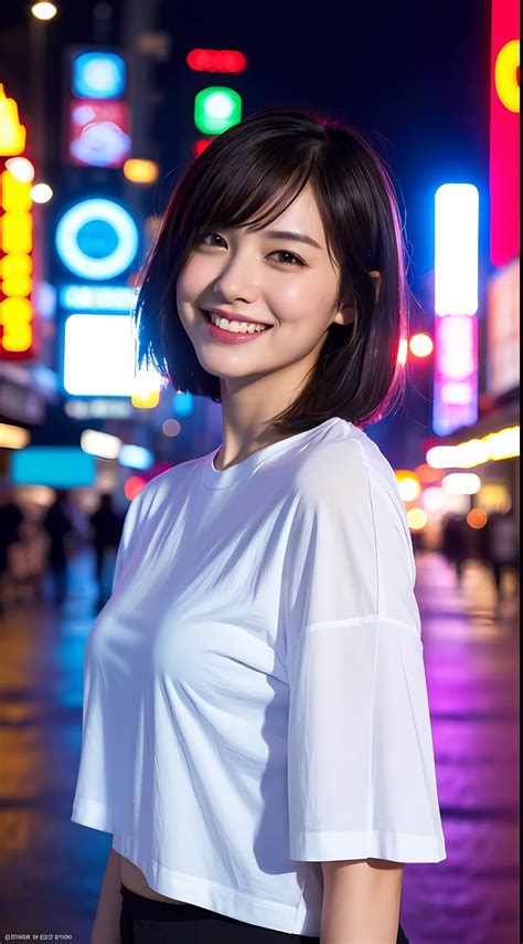 Arafed Asian Woman In White Shirt Standing In The Middle Of A City