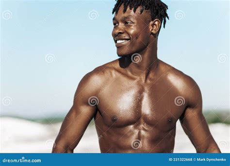 Portrait African American Man Fitness Athlete With Muscular Naked