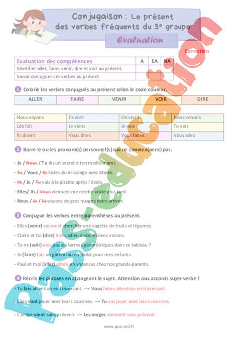 Le Présent Des Verbes Fréquents Du 3e Groupe Évaluation De Conjugaison 3eme Primaire Pdf à