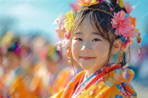 Premium Photo Adorable Japanese Girl In Colorful Traditional Costume