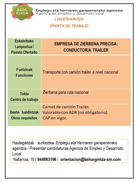 Agencia De Empleo Y Desarrollo Local Trapagaran AEDL Oferta De Empleo