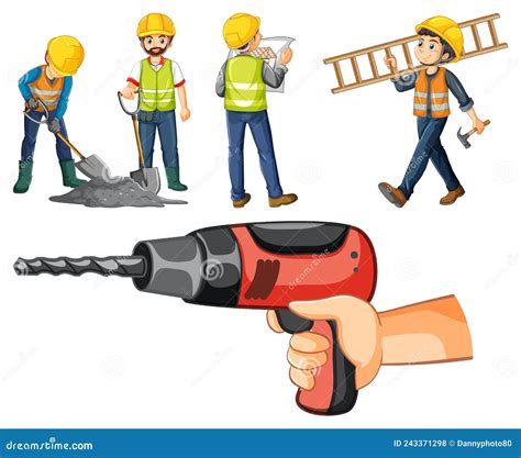 Construction Worker Set With Men And Tools Stock Vector Illustration