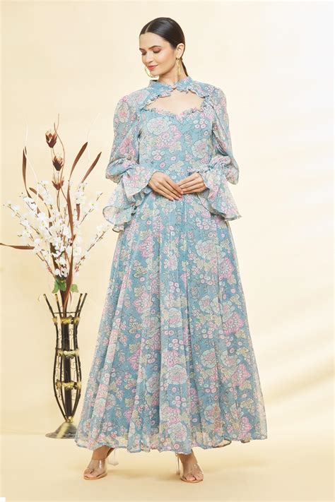 Buy Blue Cotton Printed Floral Band Collar Ruffled Cut Out Bodice Gown