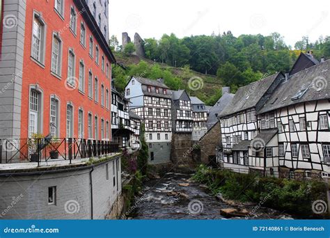 Historic Wooden Tudor Style Buildings At Rur River In Monschau Stock