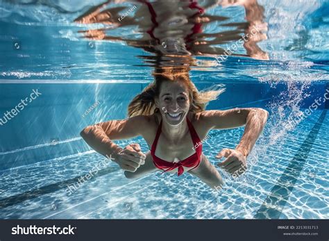 Sexy Woman Wearing Bikini Underwater Swimming Stock Photo