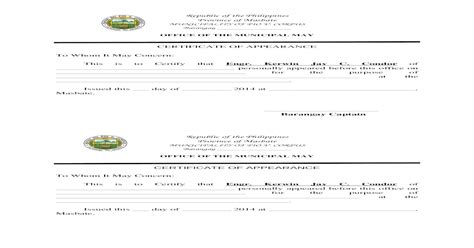 Barangay Certificate Of Appearance