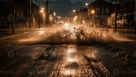 Glowing Street Lights Illuminate The Dark Wet Cityscape At Night