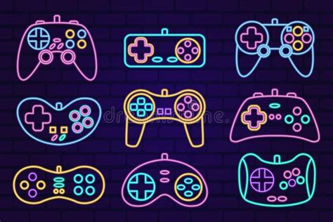 Vector Neon Glow Game Controller Gamepad Icons Set Colored Outline