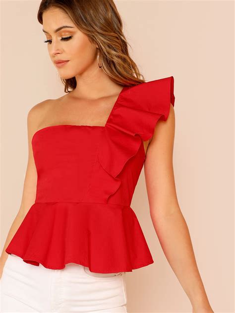 Shein Ruffle Trim One Shoulder Peplum Top Blusas Bonitas Blusas