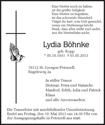 Traueranzeigen Von Lydia B Hnke Schwarzw Lder Bote Trauer