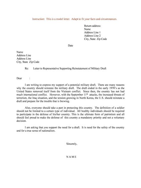 Letter To Representative Supporting Reinstatement Of Military Draft Form Fill Out And Sign