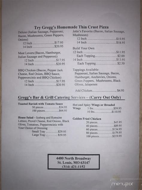 Menu Of Greggs Bar And Grill In Saint Louis Mo 63147