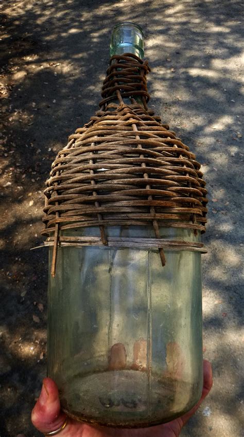 Vintage 16 Inch Tall Light Green Bottle With Wicker Basket