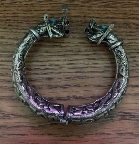 Rare Tribal Bangle Double Dragon Head Bracelet Hinged Gem