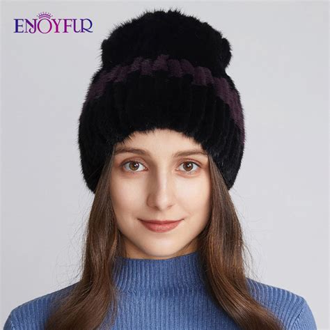 ENJOYFUR Russia Patchwork Color Mink Fur Hand Woven Knit Hat For Winter