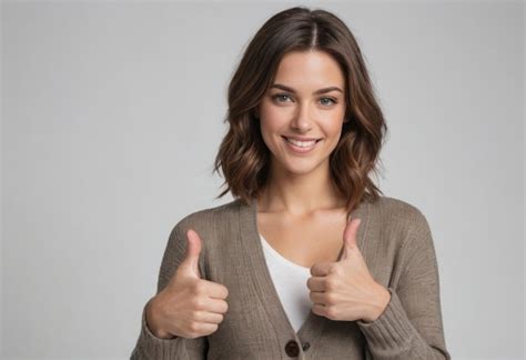 Premium Photo A Woman In A Beige Sweater Gives A Thumbs Up Her Bright