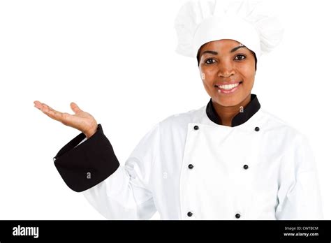 African American Female Chef Presenting Menu Isolated On White Stock