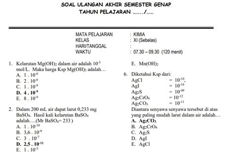 Kumpulan Soal Kimia Kelas Semester