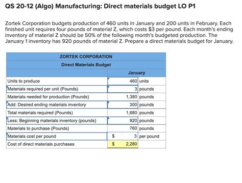 Solved QS 20 12 Algo Manufacturing Direct Materials Chegg