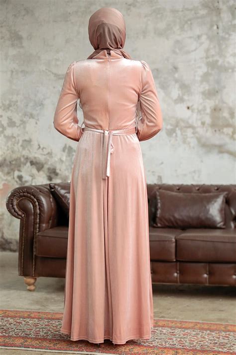 Neva Style Salmon Pink Velvet Hijab Maxi Dress 37091smn