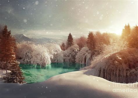 Plitvice Lakes in winter with frozen waterfalls Greeting Card by Benny ...