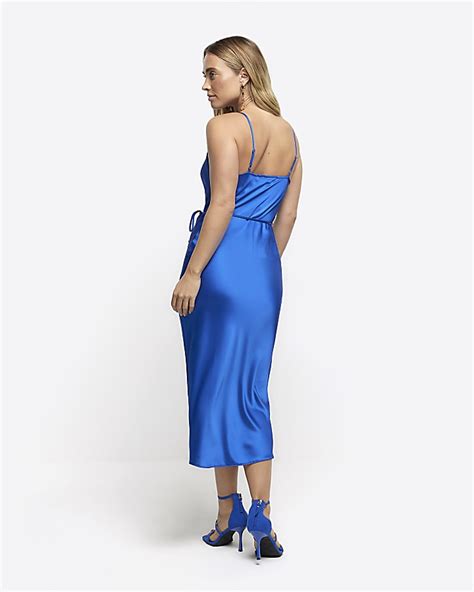 Blue Satin Cowl Neck Slip Midi Dress River Island