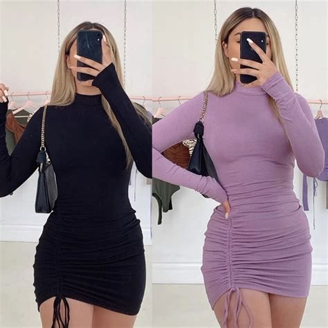 Women Autumn Winter Dress Long Sleeve Bodycon Dress Turtleneck Bandage