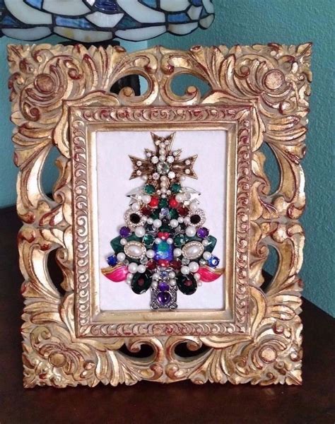 Ooak Vintage Framed Costume Jewelry Rhinestone Christmas Tree Art By