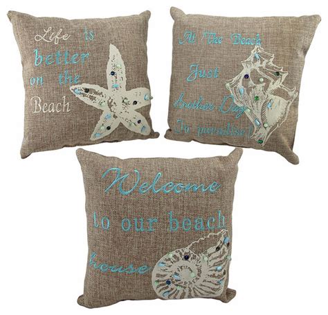 Set Of 3 Beach Themed Accent Pillows 10 In Nautical Seashell Decor Beach Style Decorative