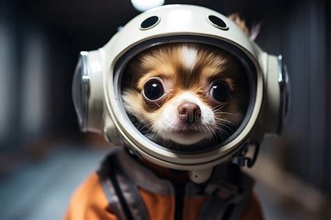 playful  adorable space dog dressed   astronaut suit exploring