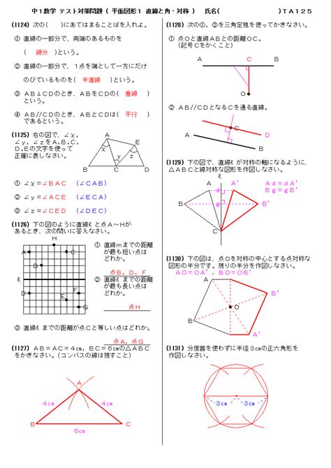 無料 中1数学 テスト対策問題 解答プリント 125 平面図形1 直線と角対称