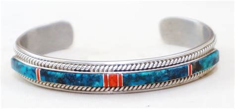 Navajo Turquoise Coral Inlay Bracelet —mens And Womens Bracelets ~ Native American Jewelry