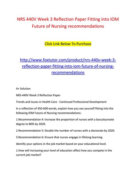 Nrs V Week Reflection Paper Fitting Into Iom Future Of Nursing