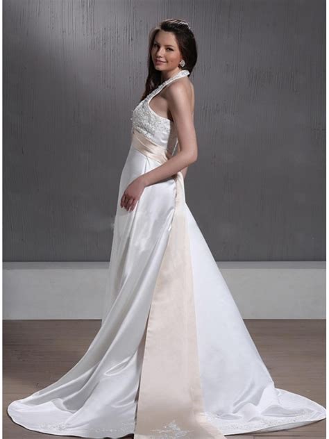 A Line V Neck Halter Chapel Train Satin Wedding Dress