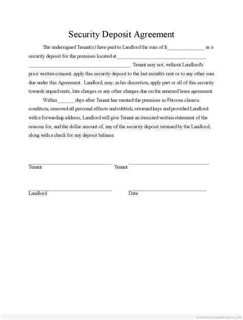 Free Printable Security Deposit Agreement Form Template