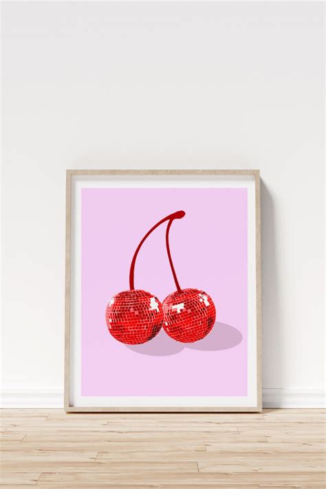 Pink And Red Cherry Disco Ball Art Printable Cherries Wall Art Etsy