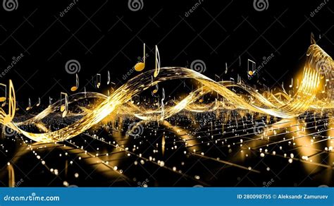 Golden Wavy Lines With Light Effect And Music Notes On Black Background