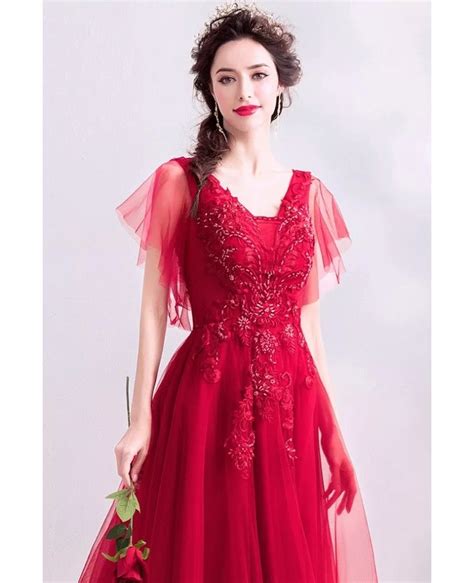 Flowy Red Tulle Aline Long Prom Dress With Beading Puffy Sleeves