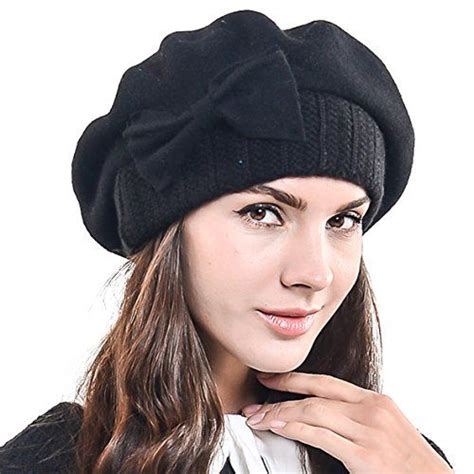 HISSHE Lady French Beret Wool Beret Chic Beanie Winter Hat With Bow