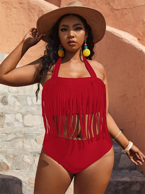 Plus Fringe Hem Halter Bikini Swimsuit