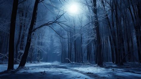 Premium Photo | A photo of a snowy forest with a full moon cool blue light