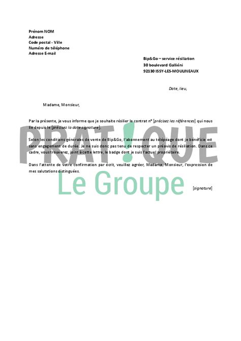 Lettre De R Siliation Bip Go Pratique Fr